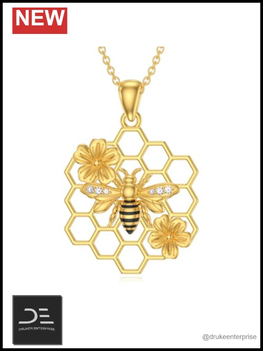 Lab Grown Diamond Bee Pendant Necklace 925 Sterling Silver Honeycomb Jewelry